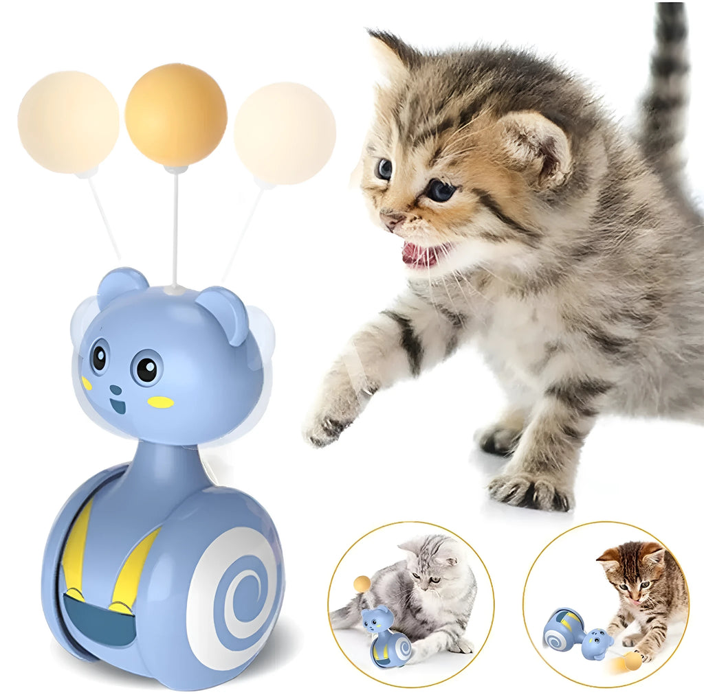 Interactive cat toy with rotating ball and feather wand in bumbler design