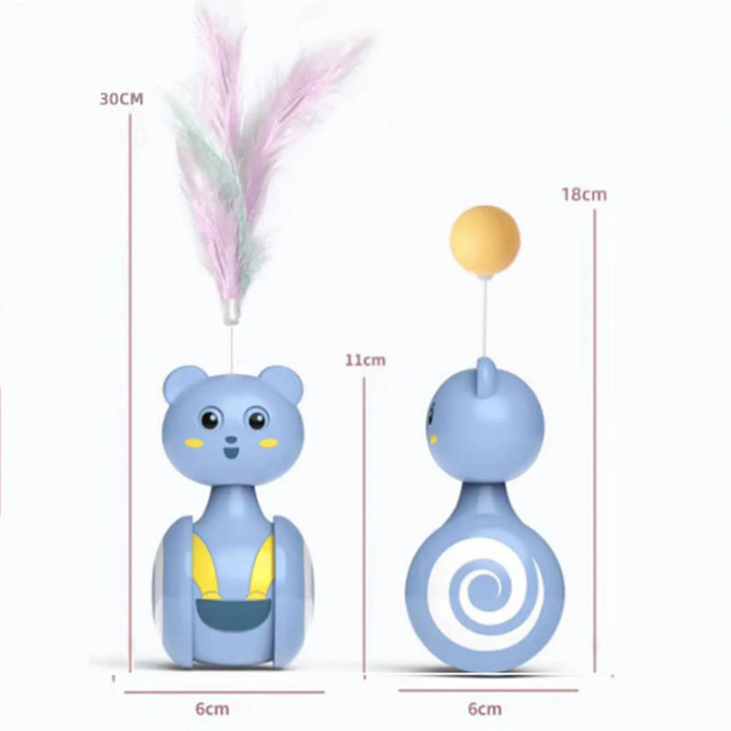 Interactive cat toy with rotating ball and feather wand in bumbler design