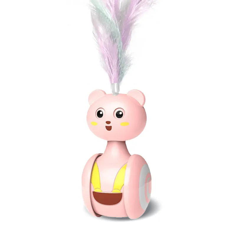 Interactive cat toy with rotating ball and feather wand in bumbler design