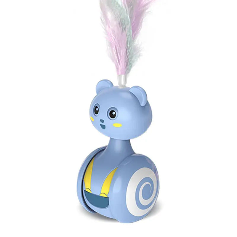 Interactive cat toy with rotating ball and feather wand in bumbler design