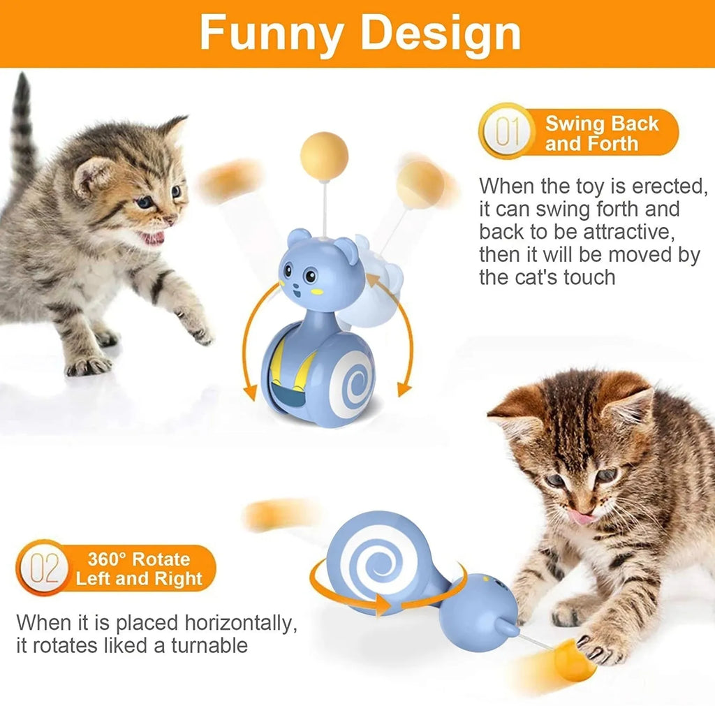 Interactive cat toy with rotating ball and feather wand in bumbler design