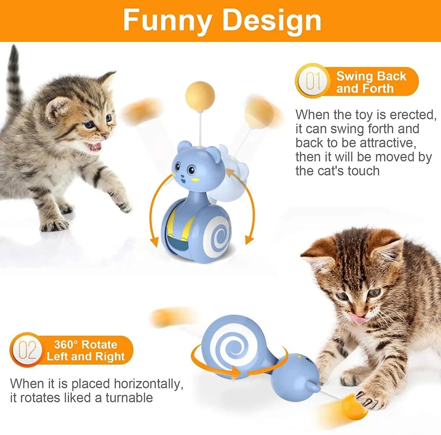 Interactive cat toy with rotating ball and feather wand in bumbler design