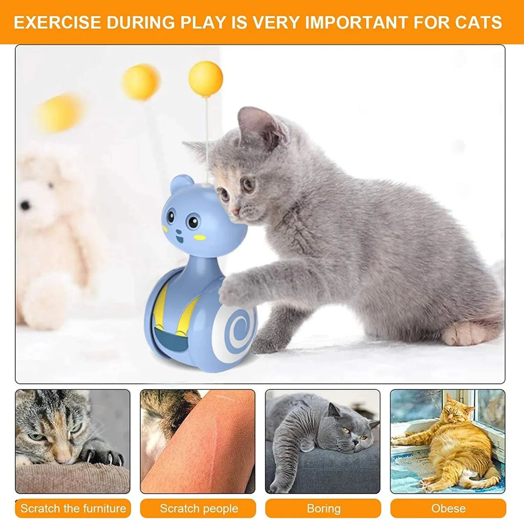Interactive cat toy with rotating ball and feather wand in bumbler design