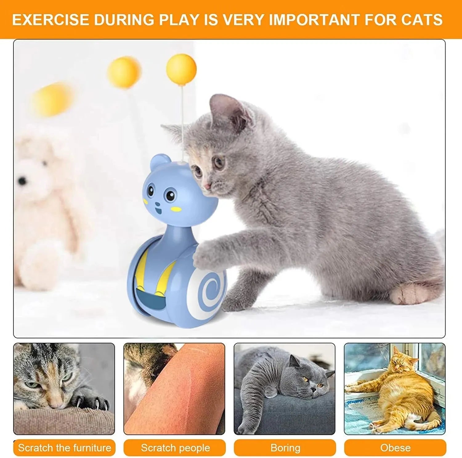 Interactive cat toy with rotating ball and feather wand in bumbler design