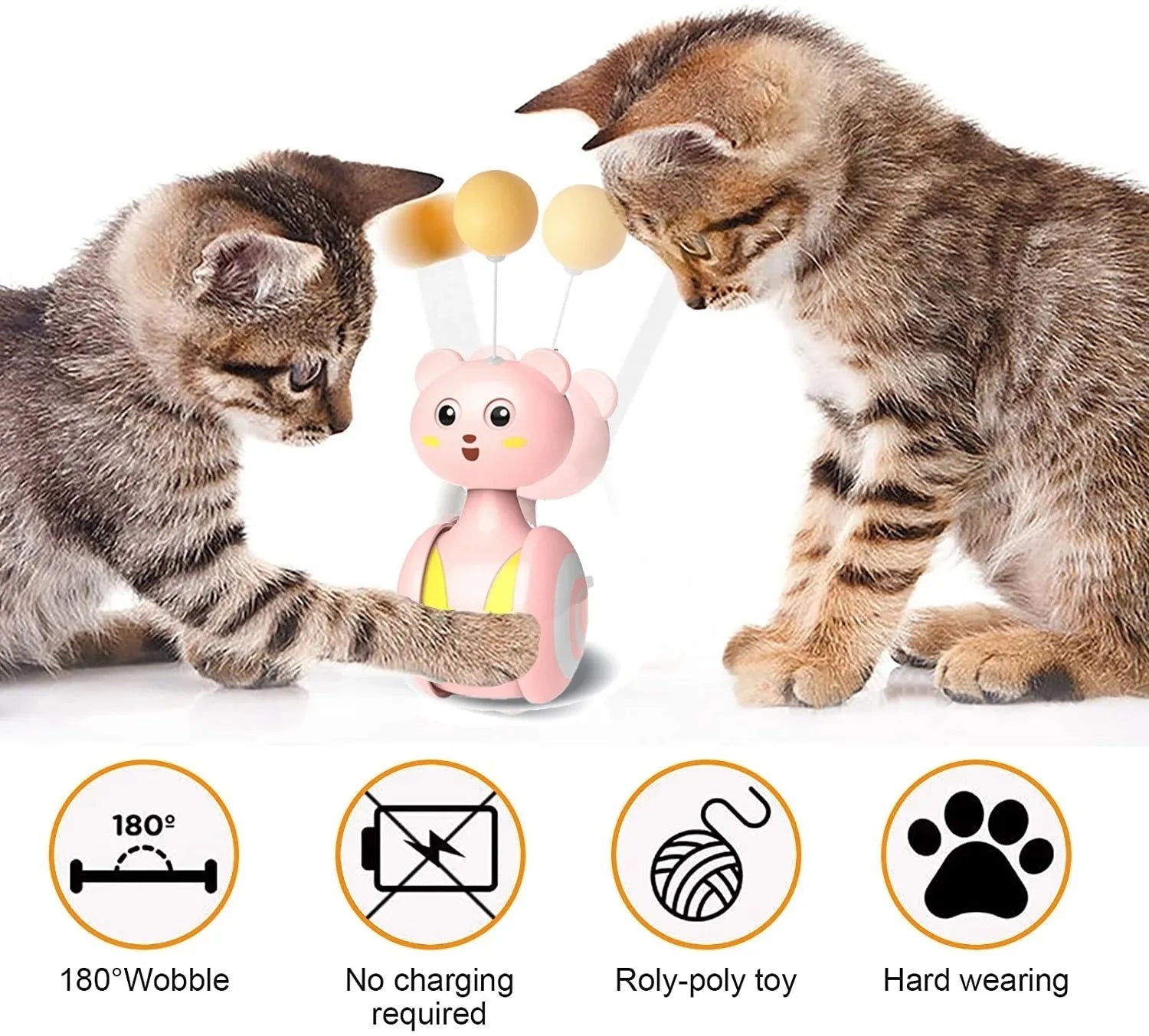 Interactive cat toy with rotating ball and feather wand in bumbler design
