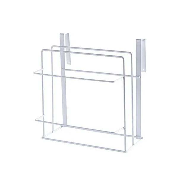 Double-layer iron kitchen storage rack holding towels and chopping board, black finish, wall mounted