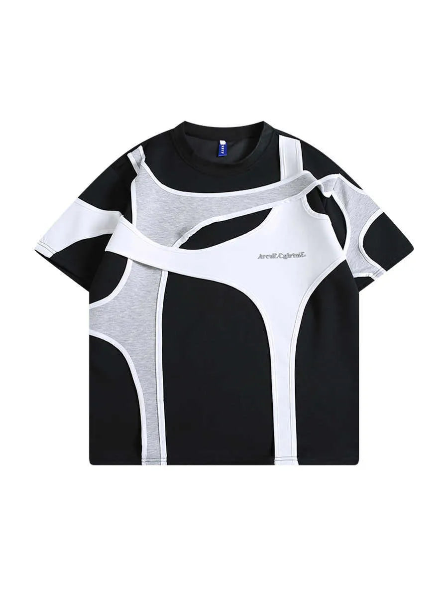 Men's black T-shirt with padded shoulder strap detail and double stitching construction