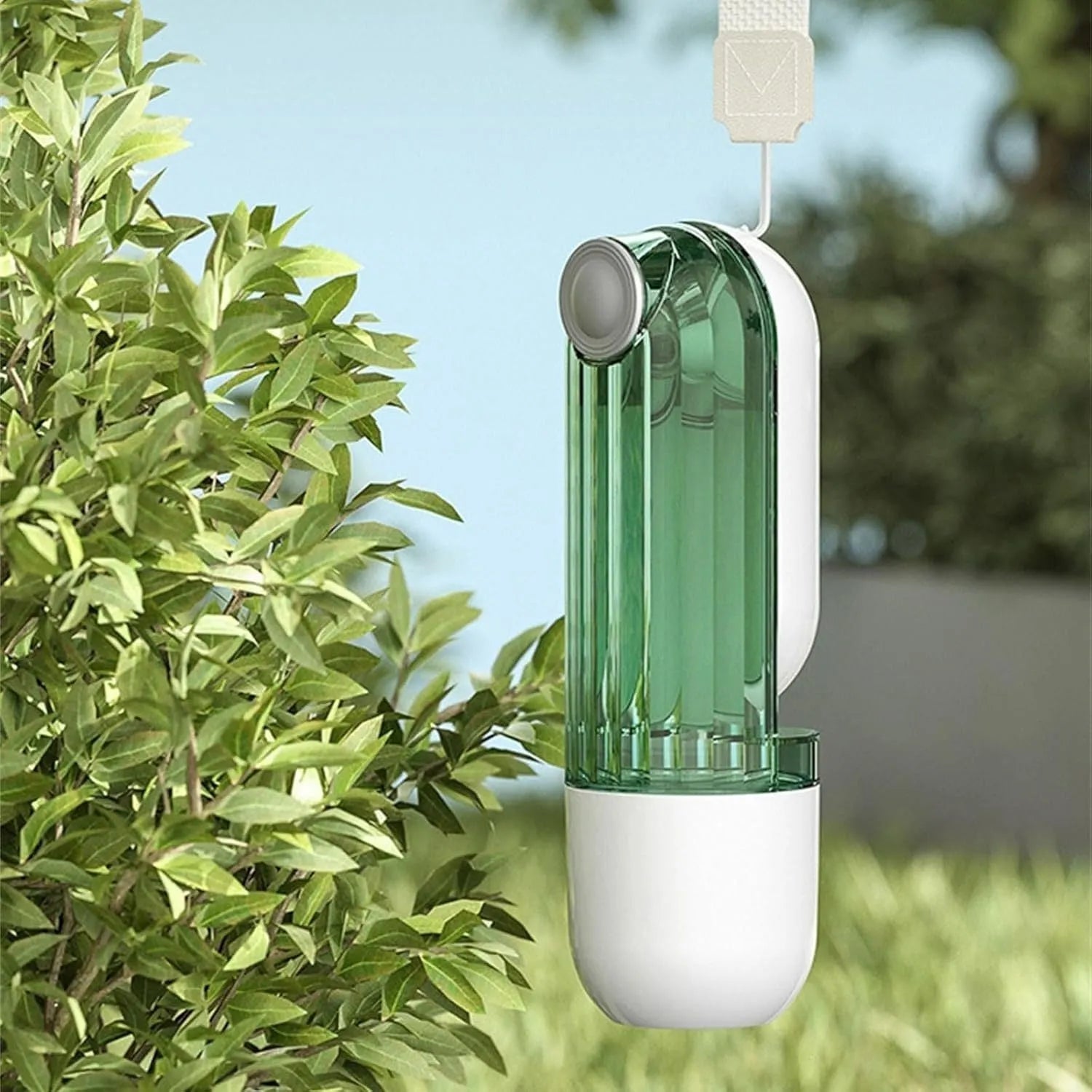Beige or green foldable leak-proof dog water bottle with food dispenser for outdoor use