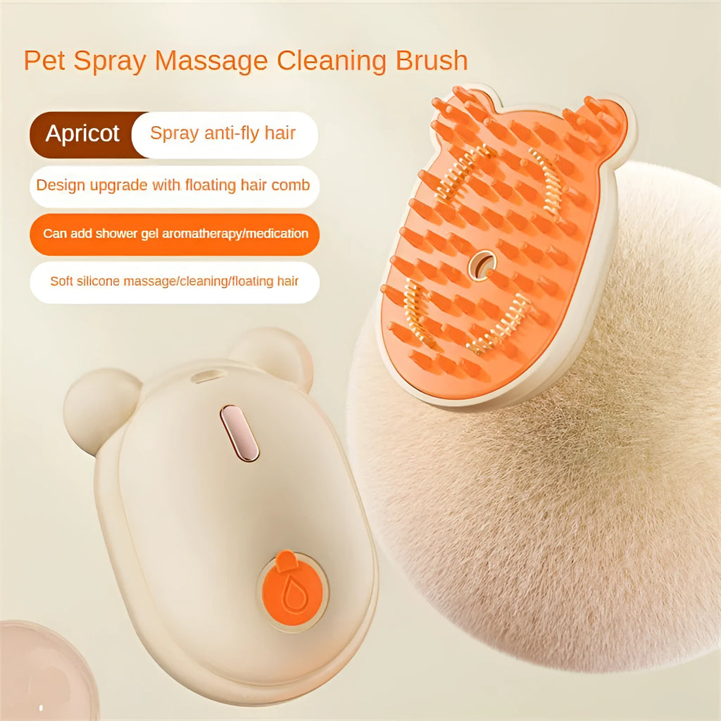 Pink rechargeable pet grooming brush with steam spray function and removable silicone comb teeth.