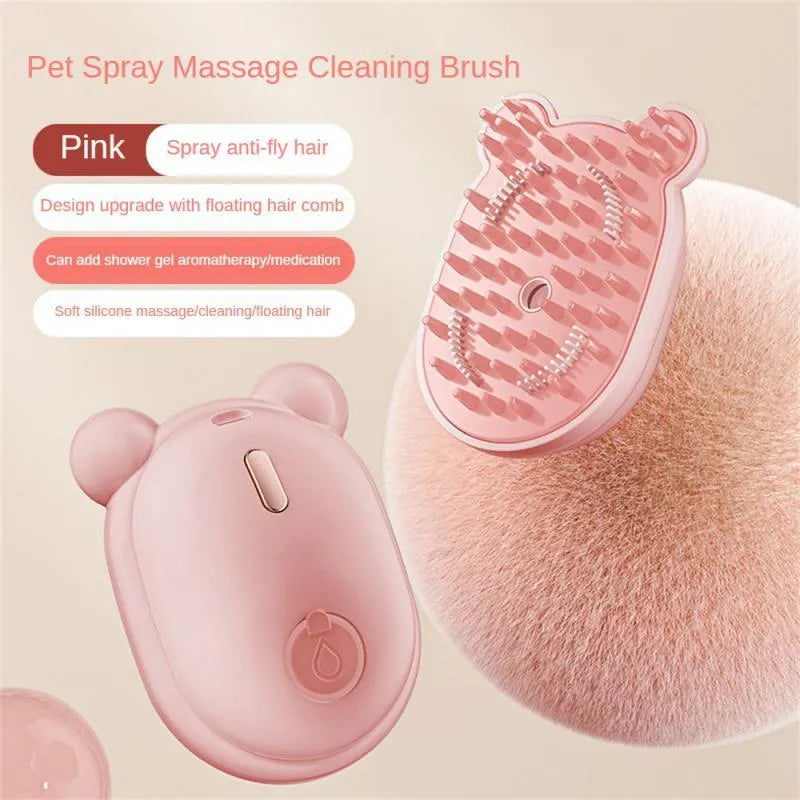 Pink rechargeable pet grooming brush with steam spray function and removable silicone comb teeth.
