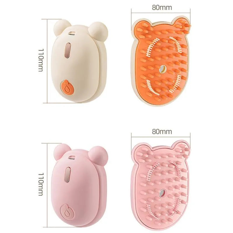 Pink rechargeable pet grooming brush with steam spray function and removable silicone comb teeth.