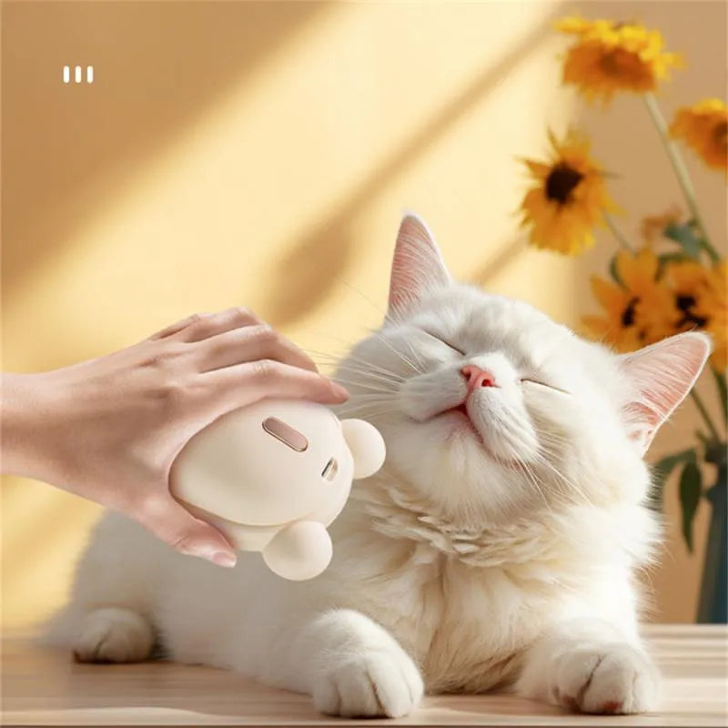 Pink rechargeable pet grooming brush with steam spray function and removable silicone comb teeth.