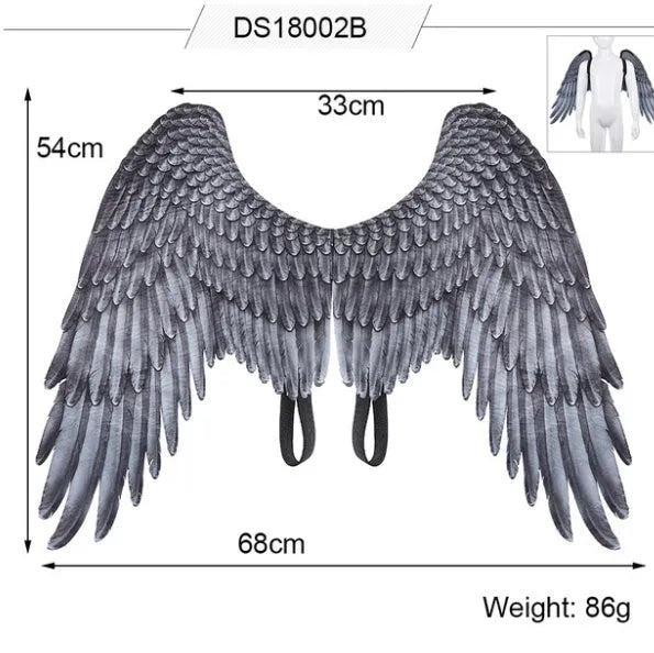 White 3D angel wings costume accessory made from non-woven fabric on child, 33cm by 68cm by 54cm