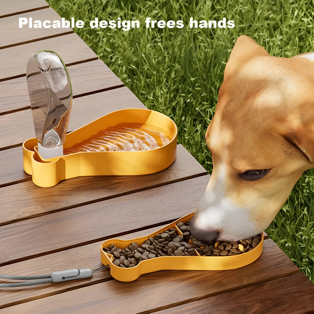 Orange and white portable pet water bottle with attached food container for travel