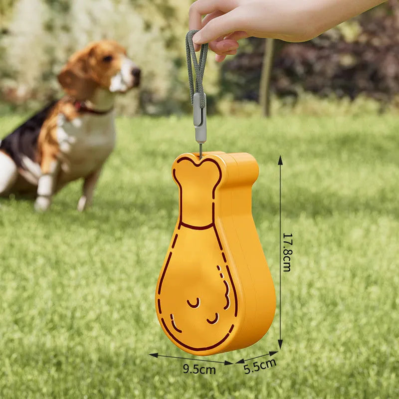 Orange and white portable pet water bottle with attached food container for travel