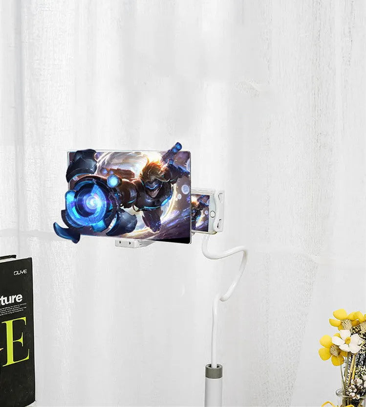 Black mobile phone screen amplifier with 12-inch display on adjustable folding bracket