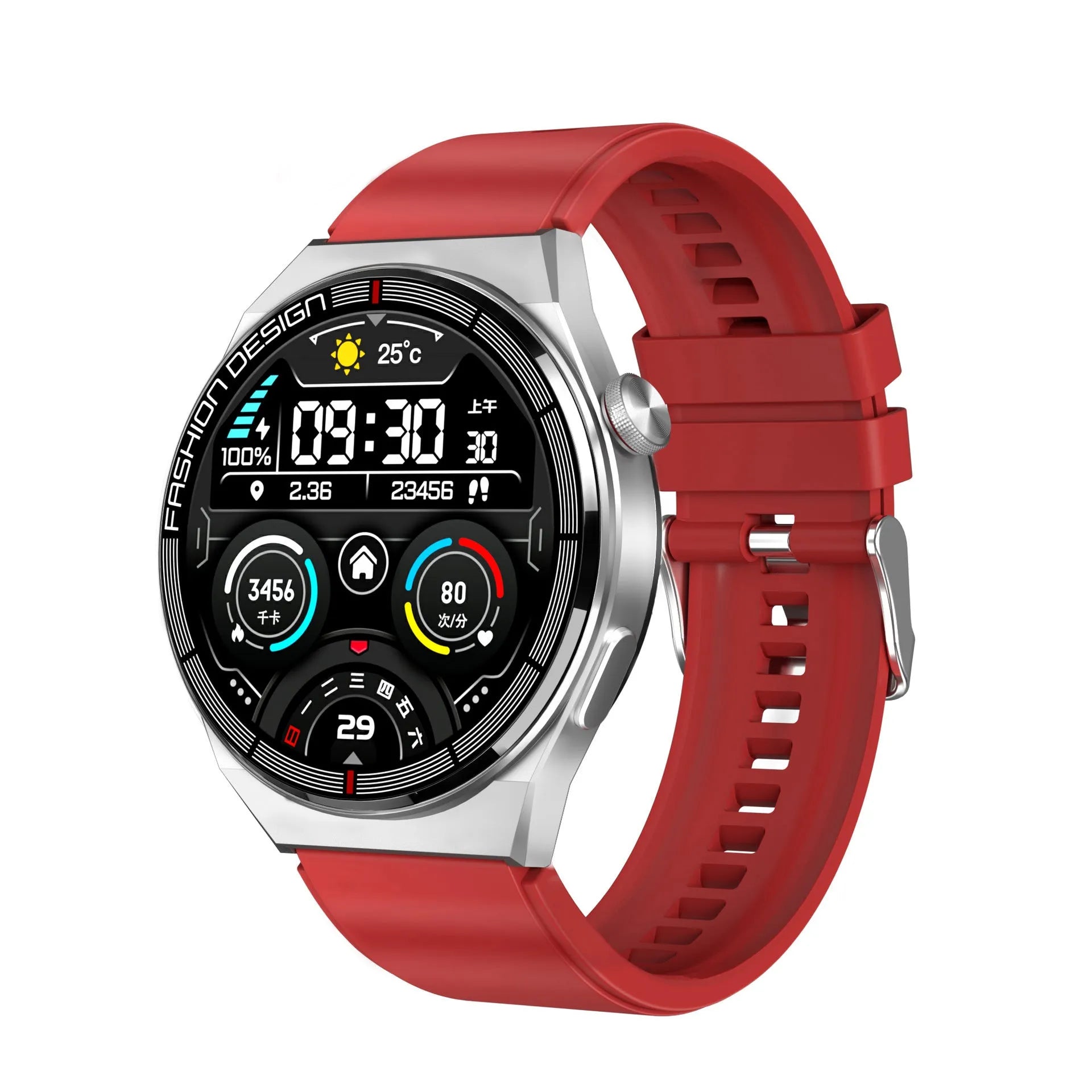 Black Bluetooth smartwatch with heart rate monitoring on silicone strap showing 1.28-inch screen