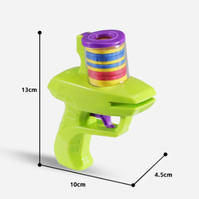 Interactive cat toy launcher with foam discs in green or purple colour options