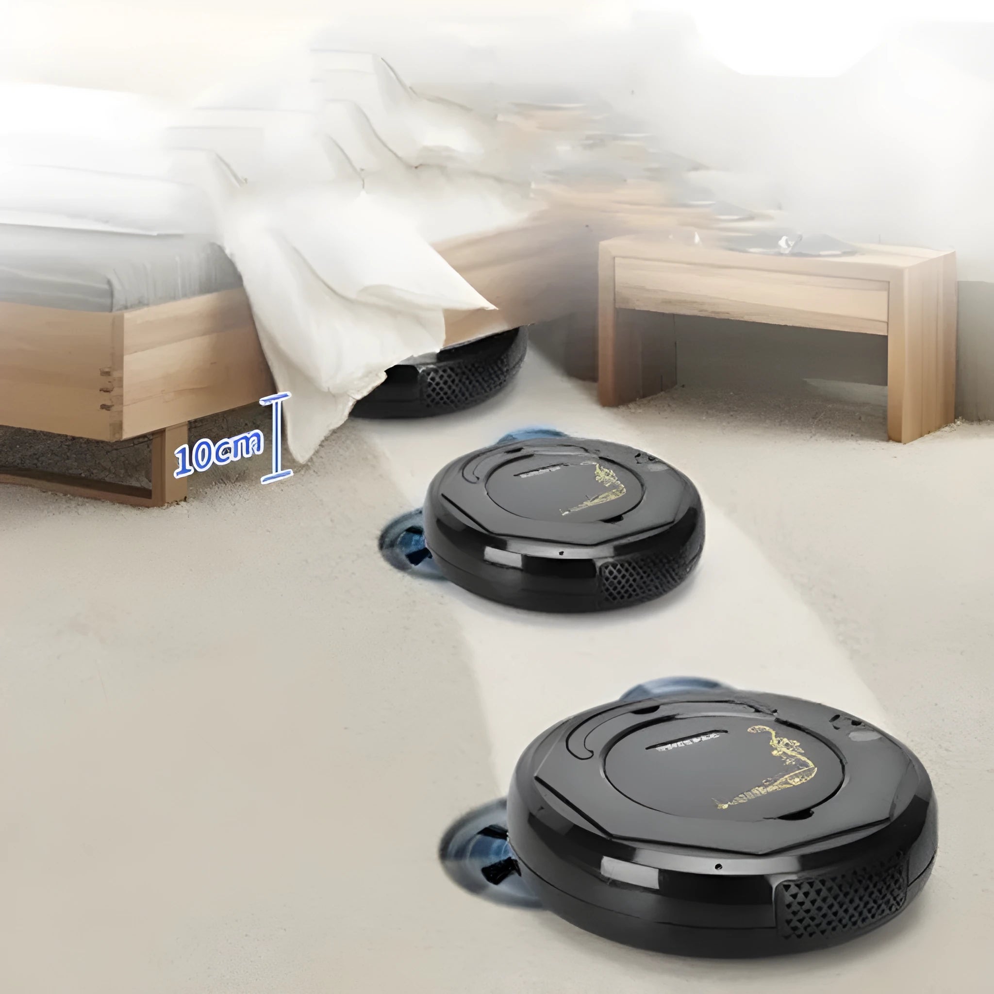 Lazy Smart floor sweeping robot vacuum cleaner in blue, black, or white colours with charging cable and cleaning accessories
