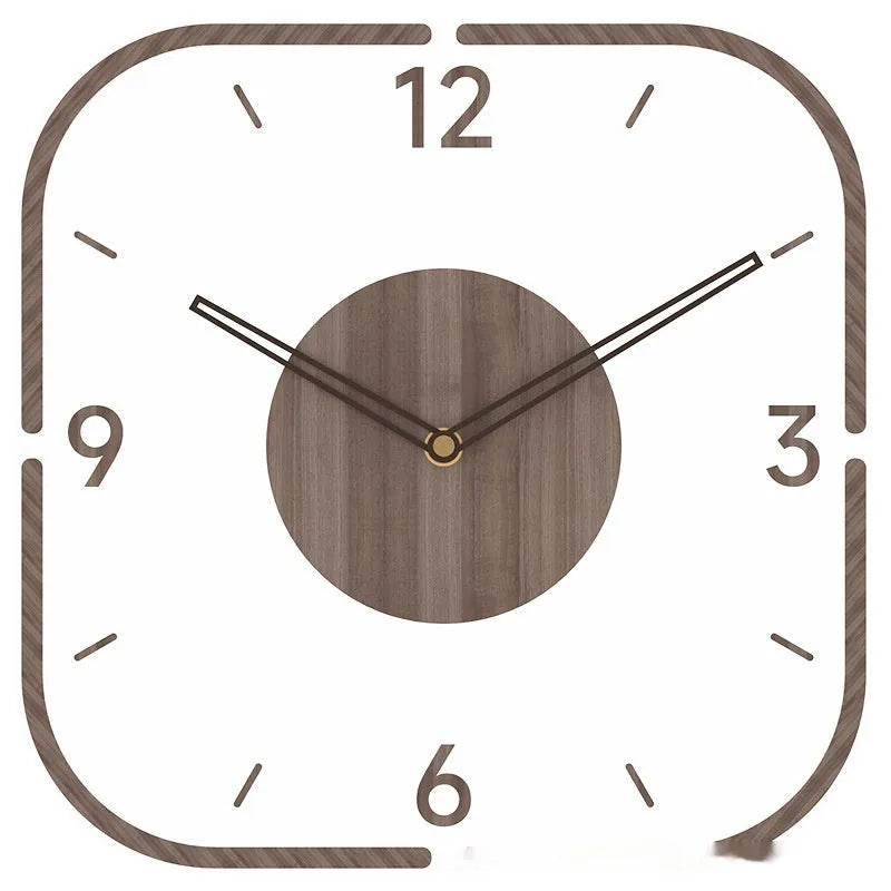 35cm square transparent wooden wall clock with modern design on wall