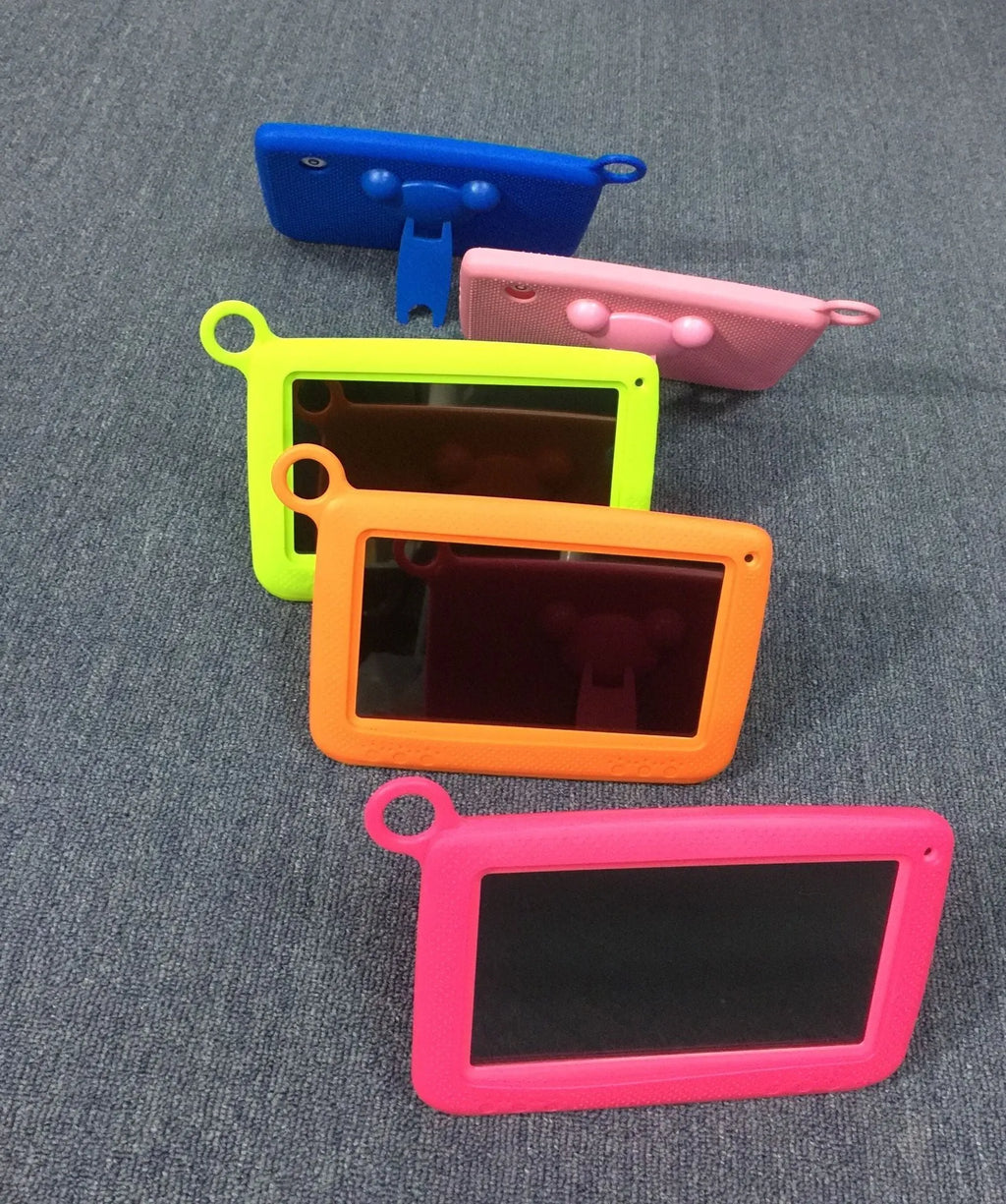 Children's tablet with 7-inch capacitive touch screen in black, showing front view with home button