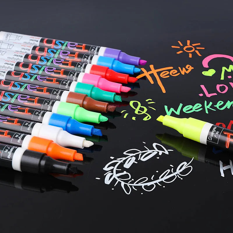 Refillable electronic fluorescent board highlighter pen with oblique 6mm tip, shown with 8 colour cartridges.