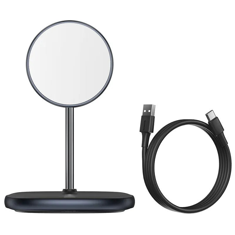 Magnetic wireless charging desktop stand for Apple iPhone 12 in black colour with Type-C cable