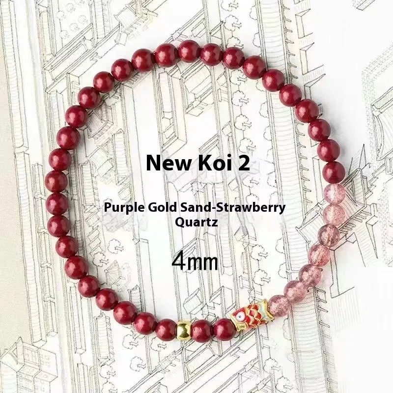 Koi purple cinnabar and strawberry quartz women's lucky beads bracelet with retro peach blossom pattern