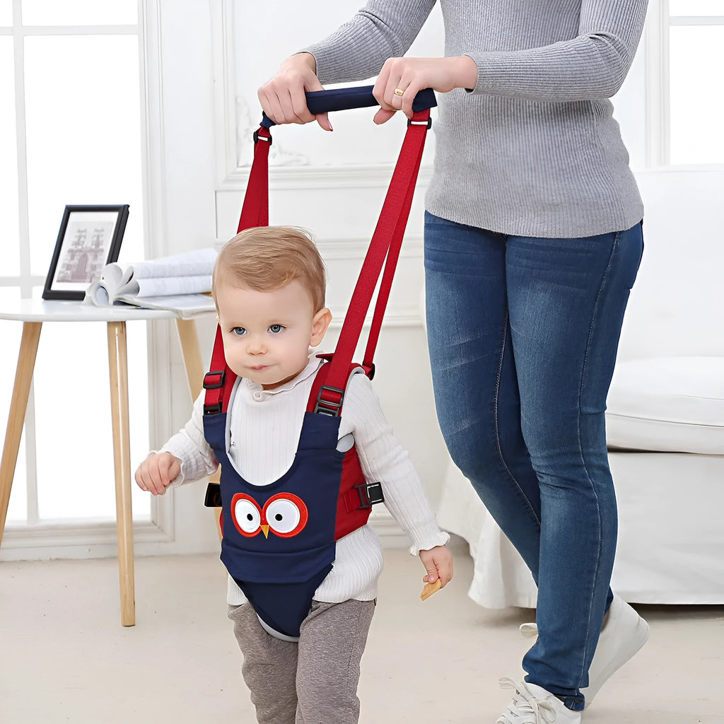 Cotton baby walking harness belt for toddlers in blue colour, showing adjustable straps and chest panel.