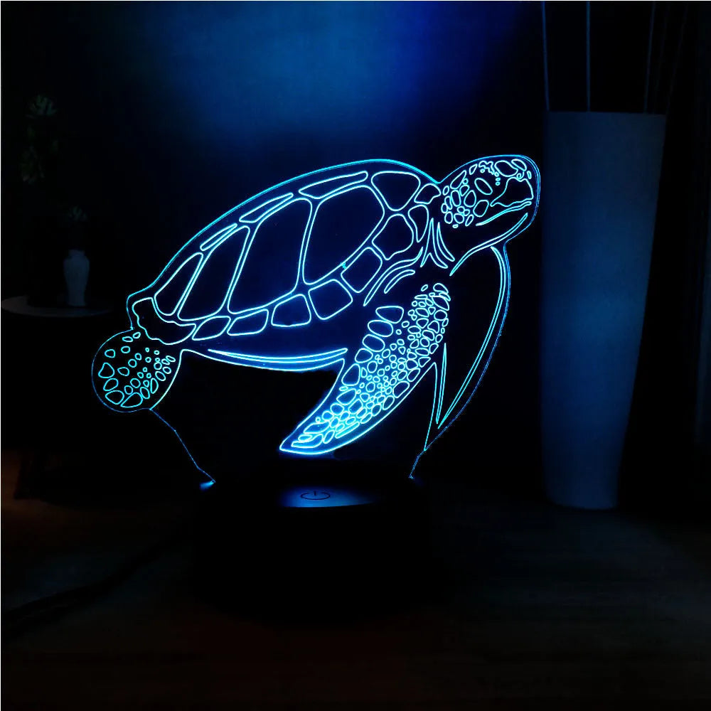 3D turtle-shaped LED night light with remote control showing sixteen colour options, made from translucent acrylic material