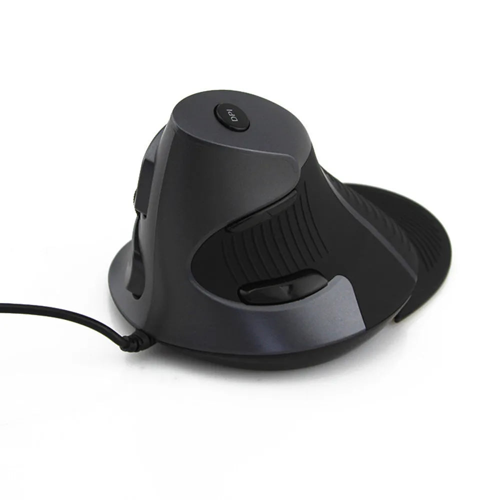 Ergonomic vertical optical wired mouse in black colour positioned for right-handed use on desktop