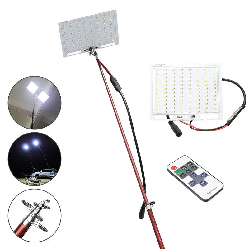 LED fishing rod light unit mounted on telescopic pole with remote control for outdoor lighting