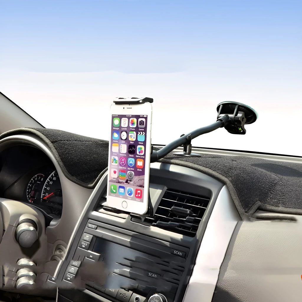 Black vehicle-mounted tablet holder with suction cup for 4-12 inch devices and iPad compatibility