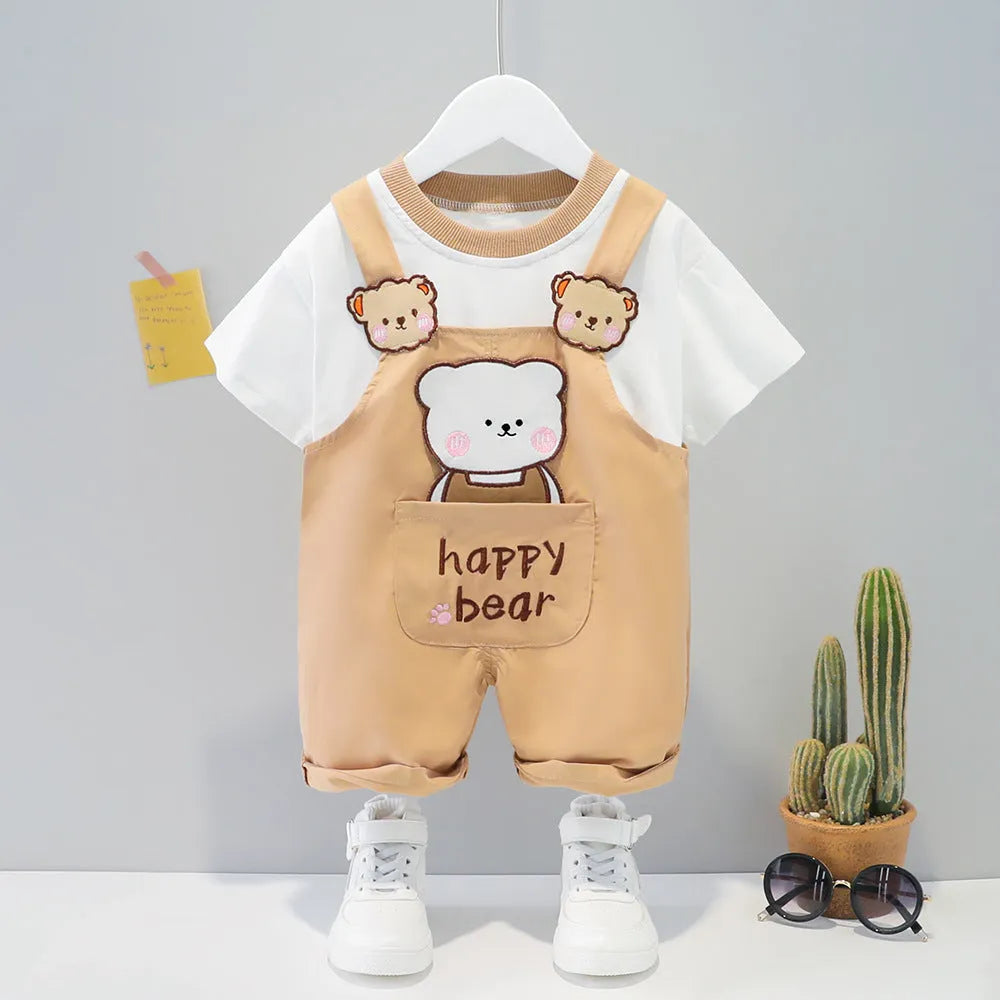 Yellow cotton baby cartoon short-sleeved overalls with strap design on a hanger