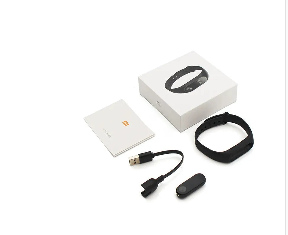 Black Xiaomi Mi Band 2 fitness tracker with OLED screen on adjustable wrist strap