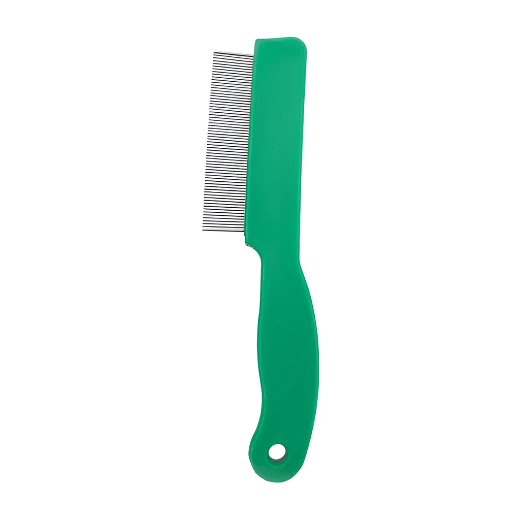 Green pet flea comb with stainless steel pins and plastic handle for dog and cat grooming