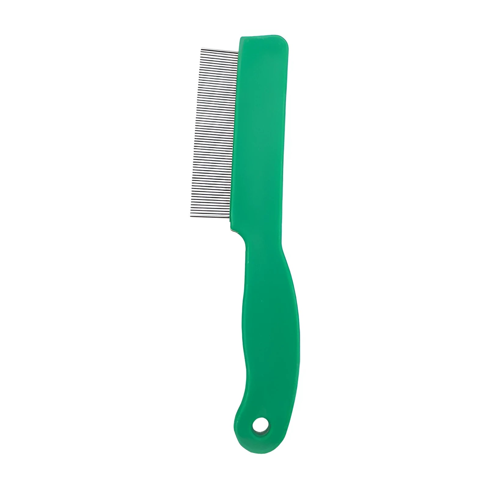 Green pet flea comb with stainless steel pins and plastic handle for dog and cat grooming