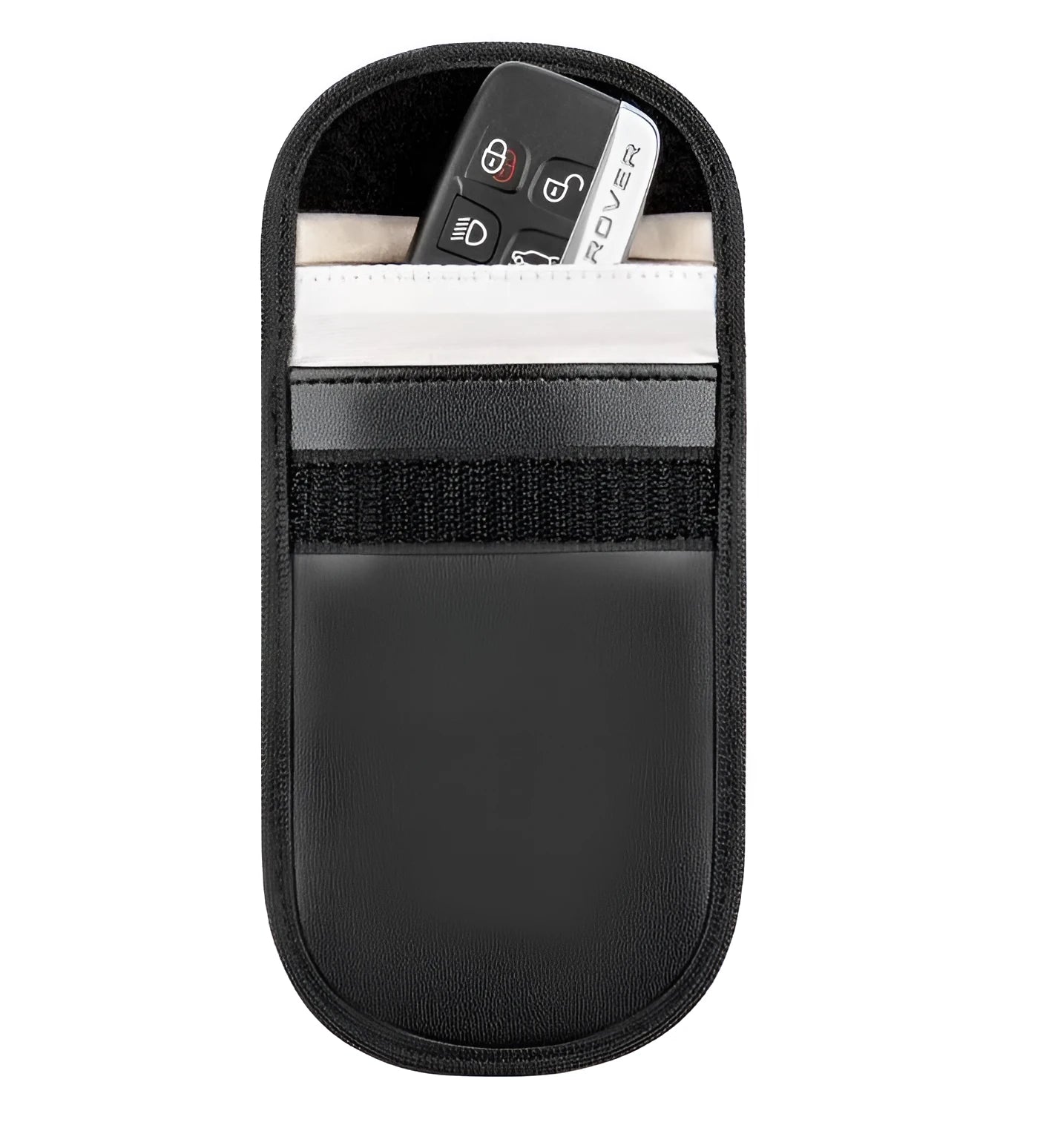 Black microfibre Faraday pouch for blocking car key, phone, and bank card signals, shown with a key fob inside.