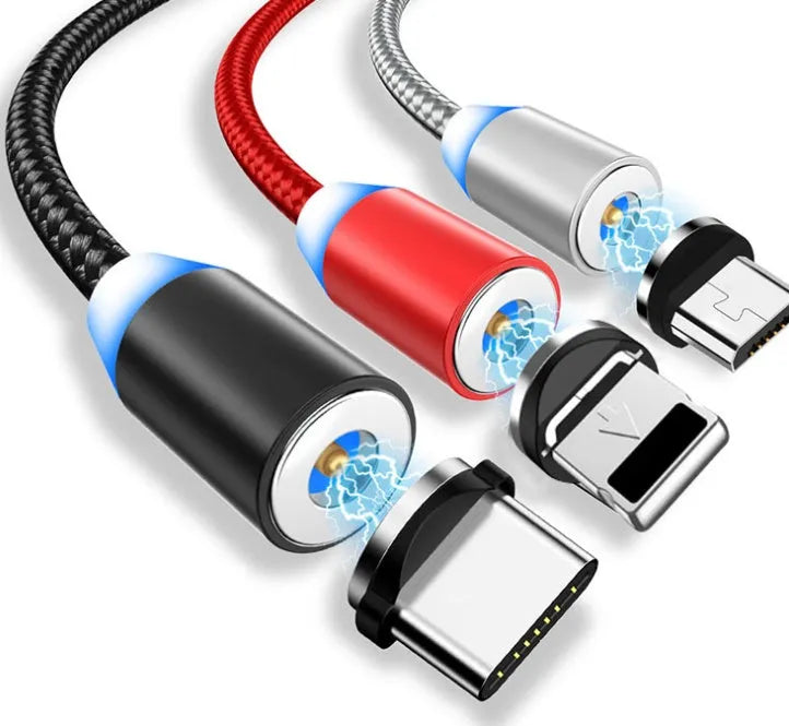 Black magnetic LED charging cable with cotton yarn weave and aluminium connectors