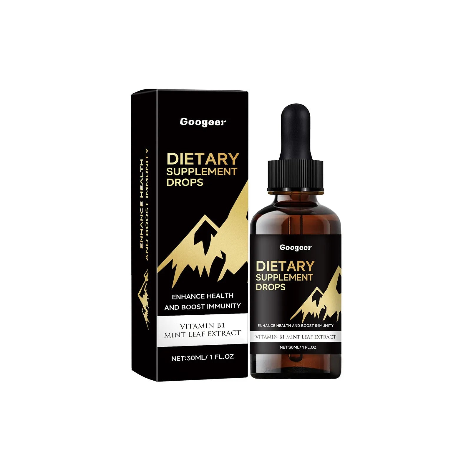 30ml bottle of clear dietary supplement drops with a dosage dropper on a white background.