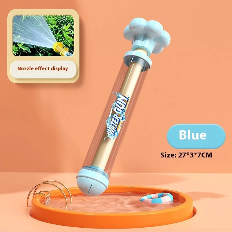 Blue 27cm plastic pull-out water gun toy on white background