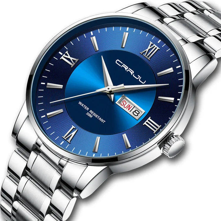 Men's quartz watch with alloy case, plexiglass mirror, and black dial with silver hands on a matching strap.