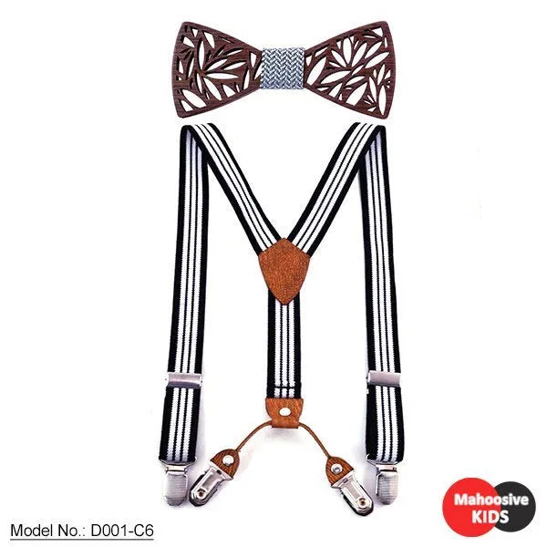 Children's wooden bow tie with matching striped suspenders and belt for boys, nine colour options available.