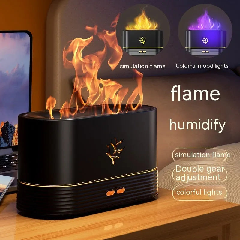 White USB flame humidifier with LED fire effect and square design on a wooden table