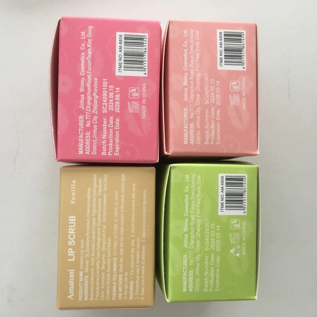 Amatoni Lip Scrub jar in 30g size with Coconut, Raspberry, Vanilla, or Watermelon flavour options.