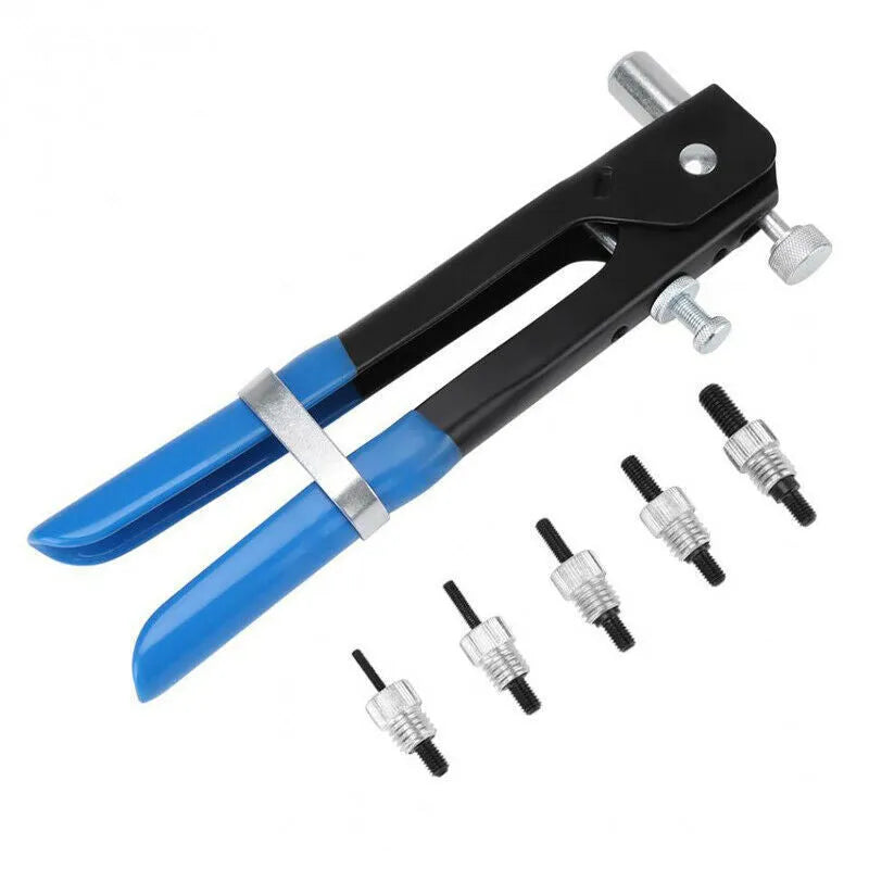 Alloy steel manual riveter tool with blind rivet nuts, from an 86pc or 106pc gun set.