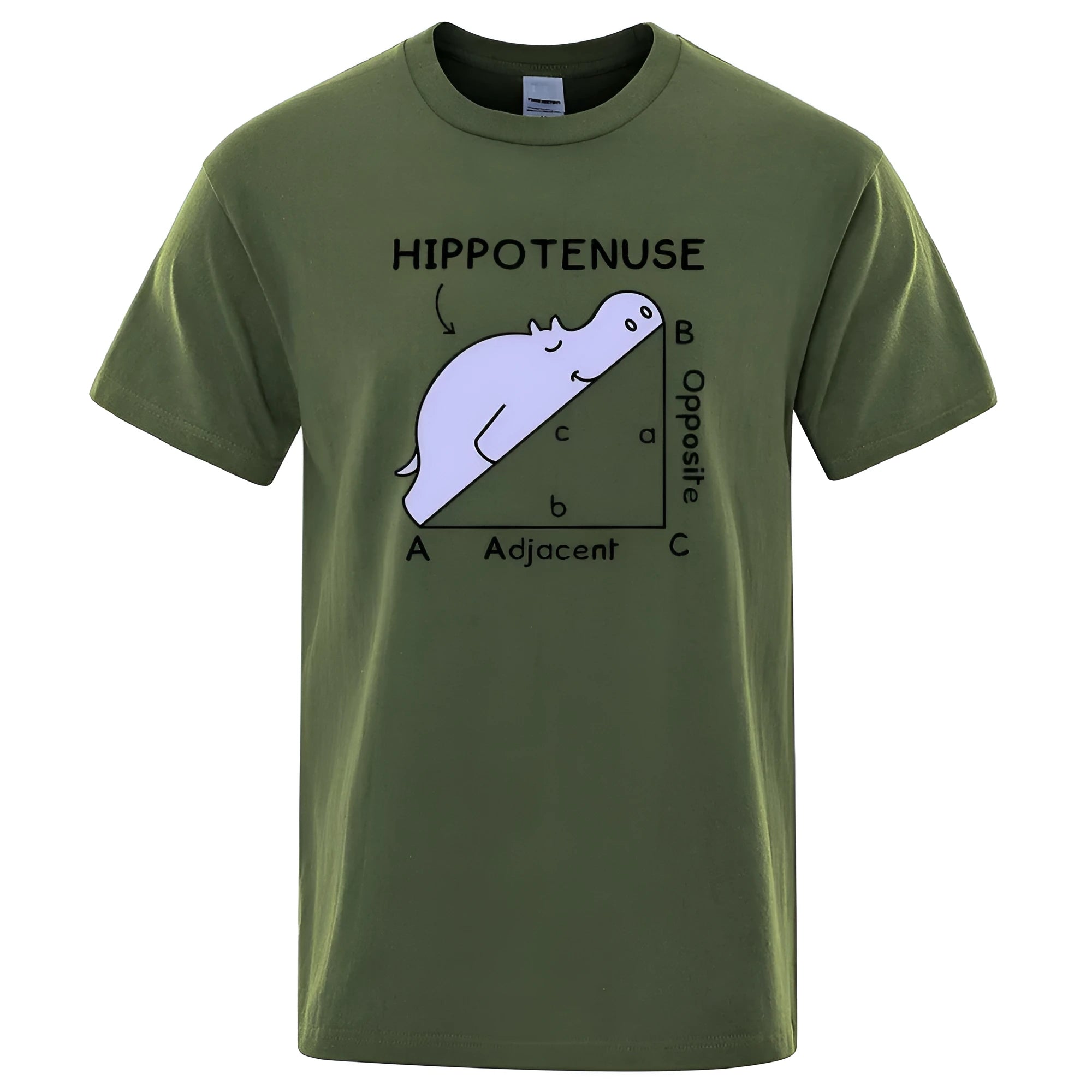 Funny Hippotenuse Opposite Adjacent mathematics graphic printed on a loose-fit cotton T-shirt.