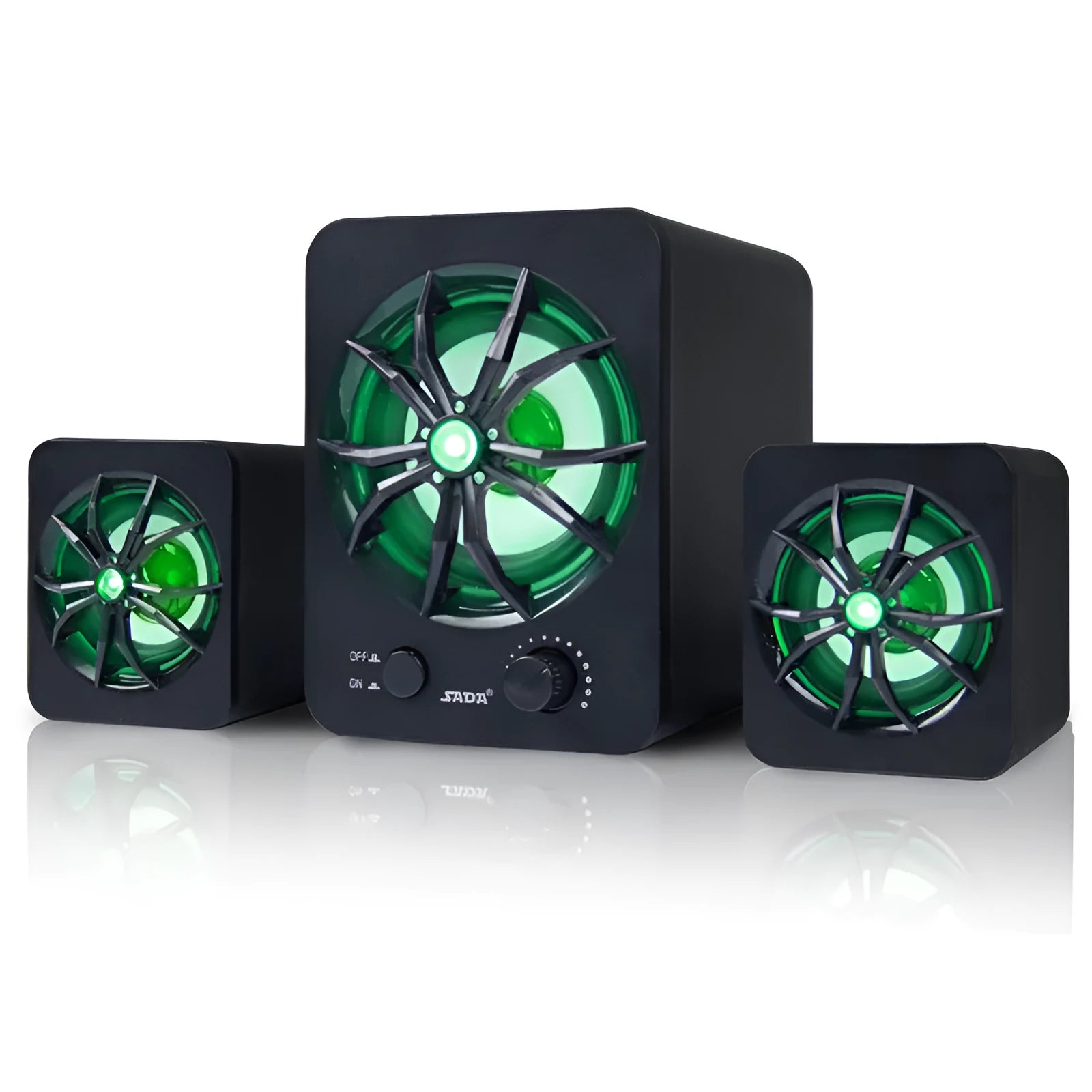 Green 2.1 USB computer speaker with glowing colourful LED lights showing USB and 3.5mm ports
