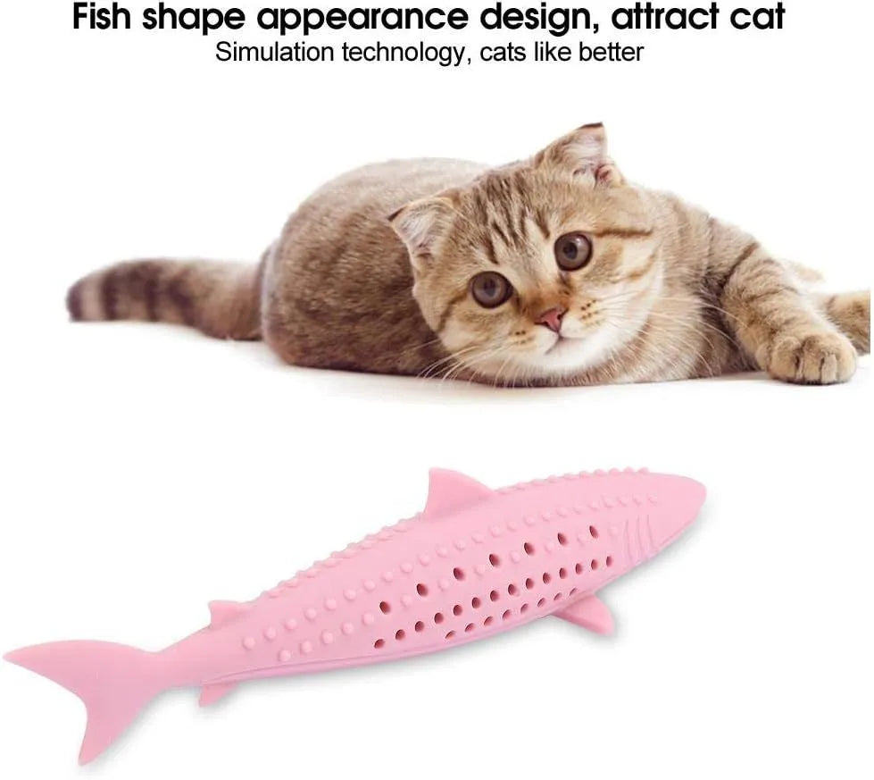 Green silicone fish-shaped cat chew toy with side holes on a white background.