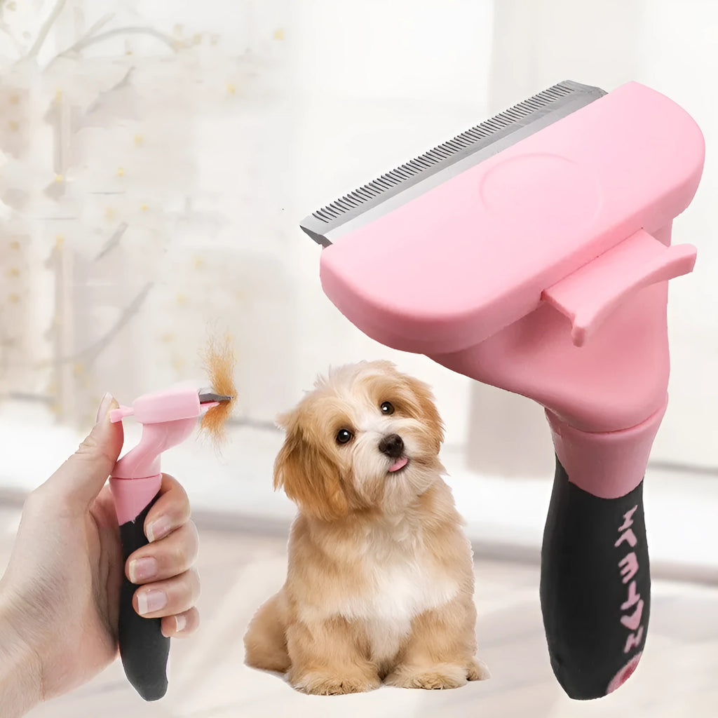 Blue pet grooming float brush with stainless steel pins and rubber cushion on white background